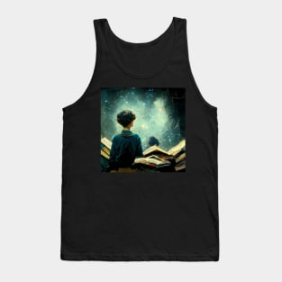 Young boy standing in a pile of books while staring at the universe Tank Top